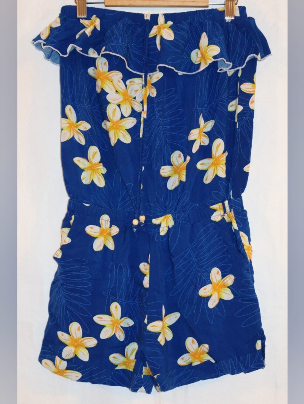 Favant Blue Hawaii Plumeria Strapless Ruffle Shorts Romper.